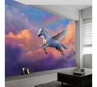 Papier peint intissé style fantastique 450L x 280H cm, Papier peint panoramique animaux chevaux arcs en ciel châteaux - grandes poster mural photo pour salon chambre restaurant décor fond TV