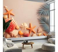 Papier Peint Intissé Surréalisme Plage Coquillages Étoiles Mer Palmier 350 x 256 cm Papier Peint Photo Panoramique, Beige Poster Mural Personnalisé 3D - Salon Chambre Adulte Enfant Décor Murale