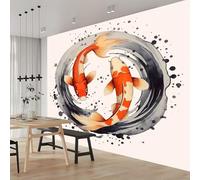 Papier Peint Intissé Symbole Yin-Yang Beige Carpes Koï 400 x 280 cm - Tapisserie Murale Décorative 3D, Papier Peint Panoramique Pour Salon Chambre Chambre D'Enfant Décoration Murale