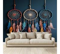 Papier peint intissé Trois filets à rêves à plumes 350x256 Cm Décoration Murale Poster Tableaux Muraux Tapisserie Photo Effet 3D