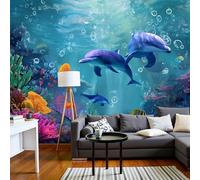 Papier Peint Intissé Un Paysage Sous-Marin Coloré 250 X 175 Cm Papier Peint Photo Panoramique Motifs Mignons Dauphins Et Poissons, Poster Geant Mural Personnalisé 3D, Pour Salon Chambre Décor Murale