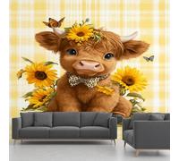 Papier Peint Intissé Vache Des Highlands, Papier Peint Panoramique Papillon Tournesol Carreaux De Buffle Jaune, Fresque Murale - Décoration Murale Pour Salon Chambre Bureau - 360 x 250cm(non adhésif)