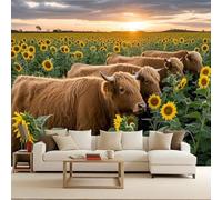 Papier Peint Intissé Vache des terres agricoles3D Panoramique Murale Animaux naturels 300x210cm Décoration murale rapide DIY fresque murale créative tête de lit chambre salon facile à appliquer
