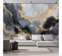 Papier Peint Intissé Vagues Marbre Abstraites, Papier Peint Panoramique Texture Feuille D'Or Moderne Gris Anthracite Pour Salon Chambre, Déco Fresque Murale Maison, Décoration Photo Murale 300X210 Cm