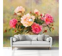 Papier Peint Intissé Vase De Pivoine En Peinture À L'Huile Vintage 350 x 256 cm Papier Peint Photo Panoramique, Brun Poster Mural Personnalisé, pour Salon Cuisines Chambre Adulte Enfant Décor Murale