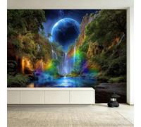Papier peint Intissé Vert Fantasy Surréaliste, 250x175 cm, Murale Poster Poster de Haute Qualité Tableaux Muraux Tapisserie Résistant aux UV pour Chambre Salle Cinéma, Cascade Planète Ciel Nocturne