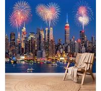 Papier peint intissé Ville Architecture Bleu Moderne Empire State Building Feux d'Artifice Décoration Murale XL Poster Panoramique Photo Papiers peints pour Chambre Salon Enfant, 250 x 175 cm