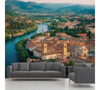 Papier Peint Intissé Ville Balnéaire, Papier Peint Panoramique Rivière Montagne Nature Architecture Européenne, Fresque Murale - Décoration Murale Pour Salon Chambre Bureau - 350 x 256cm(non adhésif)