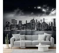 Papier Peint Intissé Vue nocturne animée de la ville Papier Peint Panoramique Noir Blanc Tableaux Photo Muraux Utilisé Pour Salon Chambre Chambre D'Enfant Décoration Murale 300 x 210 cm