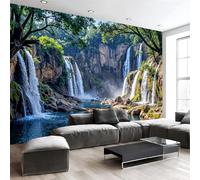 Papier Peint Intissé Vue Panoramique Sur Une Cascade En Forêt 396 X 280 Cm Papier Peint Photo Panoramique Style Paysage Naturel, Poster Geant Mural Personnalisé 3D, Pour Salon Chambre Décor Murale