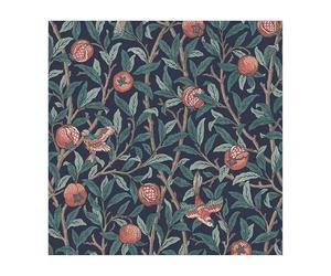 Papier peint intissé William Morris Bird & Pomegranate Navy Blue 1005 x 52cm Bleu nuit, vert, corail | Revêtement Mural, Tapisserie | Ambiance Facile à poser et à enlever