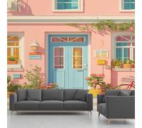 Papier Peint Italienne, Papier Peint Panoramique Ville Balnéaire Vélo Fleur Illustration, Fresque Murale Intissée - Décoration Murale Pour Salon, Chambre, Bureau - 250 x 352 cm(non adhésif)