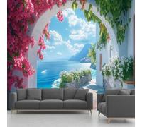 Papier Peint Italienne, Papier Peint Panoramique Ville Méditerranéenne Paysage Fleur, Papier Peint Autocollant Intissé Salon Chambre Bureau 140x70 cm Fresque Murale Adhésif