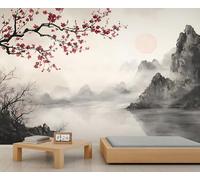 Papier peint japonais 200 x 200 cm Motif fleurs de cerisier montagnes pour salon, chambre à coucher Décoration murale japonaise (ne pas décoller et coller)