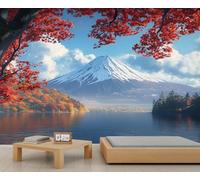 Papier peint japonais Fuji Mountain - Papier peint feuille d'érable rouge pour salon, paysage - 350 x 254 cm - Ne se décolle pas et ne colle pas