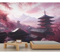 Papier peint japonais - Paysage de pagode - Papier peint oriental pour salon - 250 x 175 cm - Ne se décolle pas et ne colle pas
