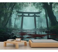 Papier peint japonais - Porte de Torii - Papier peint pour chambre à coucher - Forêt brumeuse - Décoration murale japonaise - 150 x 105 cm - Ne se décolle pas et ne colle pas