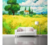 Papier Peint Jaune - 200 x 140 cm Papier Peint Intissé Adhésif, Impressionnisme Champs de blé Maisons thème Panoramique Déco Mural Tableaux Muraux - pour Salon Chambre D'Enfant Tapisserie Photo