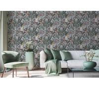 Papier Peint Jungle Avec Cacatoès Dans Un Style Vintage - Gris, Bleu, Vert