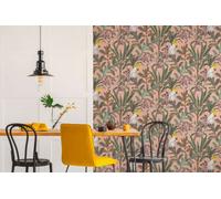 Papier Peint Jungle Avec Cacatoès Dans Un Style Vintage - Rose, Vert, Violet