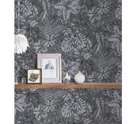 Papier Peint Jungle Motif, Feuilles De Monstera & Fougères - Gris, Blanc