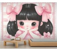Papier peint Kawaii Big Eye Girl Mignonne Dessin animé Princesse Mural Noeud Rose Kawaii Fille Papier peint Décoration à thème mignon pour chambre d'enfant Chambre d'enfant Fantastique Sweet Murals