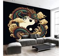 Papier Peint Le Dragon Symbole Du Yin Du Yang, Papier Peint Panoramique Vert Mythologie Orientale, Pour Salon Chambre Chambre D'Enfant Décoration Murale - Décoration d'intérieur, 200 x 140 cm