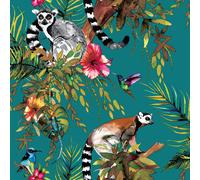 Papier Peint Lemur Jungle Fleurs Tropicales Oiseaux Exotiques Vert Teal 12402