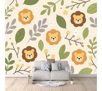 Papier Peint Lion De Dessin Animé 500x280 cm Papier Peint Panoramique Effet 3D, Peinture Murale intissé Grande Feuilles Vertes, pour Moderne Salon Chambre TV Fond