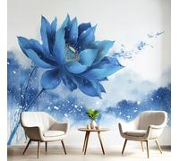 Papier Peint Lotus Abstrait 400×280cm 3D, Bleu Wallpaper Panoramique, Peinture À L'Encre Chine Papier Peint intissé Chambre Salon Personnalisé XXL Décoration Murale,Pour Salon Chambre Bureau