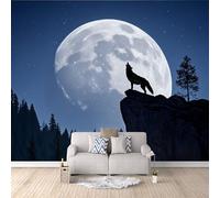 Papier Peint Loup 500x280 cm Papier Peint Panoramique Effet 3D, Peinture Murale intissé Grande Scène De Nuit En Forêt, pour Moderne Salon Chambre TV Fond