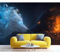 Papier peint Loup Fantastique, Papier peint Double Loups pour Chambre, Fresque murale Loups Animaux de Glace et de Feu pour Salon, Grand poster de peinture pour fond de TV dans la chambre, 150 cm x 10