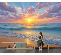 Papier Peint Magnifique Coucher Soleil Sur La Plage 396X280 Cm Papier Peint Panoramique Effet 3D, Peinture Murale Poster Intissé Paysage Plage, Pour Chambre Salon Tv Fond