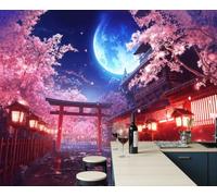 Papier Peint Marbre Porte Torii Maison En Bois Cerisier En Fleurs Panoramique 350x256cm, Papier Peint Soie Magnifique Style Japonais Décor Murale, Papiers Peints Pour Salon Chambre Restaurant, Rose