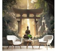 Papier Peint Méditation Sur Une Statue Pierre 150X105 Cm Tissu En Soie Papier Peint Décoratif, Étanche Facile À Poser, Style Zen Décoration Murale Pour Salon, Chambre, Bureau - Marron Clair