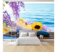 Papier Peint Mer 3D Auto Adhesif Panoramique Mural Fleurs de Printemps Papier Peint en Soie Poster Trompe L'oeil Décoration Murale Salon Chambre 200x140 cm A-4035