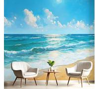 Papier Peint Mer Plage, Autocollant Décoratif Paysage La Peinture L'Huile, Facile À Nettoyer Amovible, Bleu Ciel Convient Pour Les Salons, Meubles De Bureau Les Murs Papier Peint En Soie 396X280 Cm