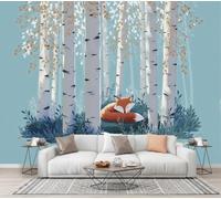 Papier Peint Mignon Dessin Animé Animal 3D Effet Panoramique Photo Muraux | 300×210 CM Poster Soie Mural Bouleau Herbe Renard Geant Mural Salon Chambre D'enfants Restaurant Décoration Murale