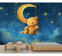 Papier peint mignon pour enfants - Petit ours sur une balançoire - Papier peint pour chambre de garçon - Lune et balançoire - Papier peint mural pour murs - Ciel étoilé et nuages - Papier peint pour