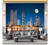 Papier peint Moderne Couleur en non-tissé, Papiers Peints Autocollant Motif Lune Ville Bâtiments Adhesif pour Meuble Chambre Armoire Salle de Bain Amovible 400 x 280 cm