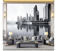 Papier peint moderne gris en non-tissé, Papiers Peints Autocollant Motif ville bâtiments lac Adhesif pour Meuble Chambre Armoire Salle de Bain Amovible 350 x 256 cm