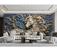 Papier Peint Moderne Minimaliste Bleu Foncé, Art Rock, Relief De Fleurs, Motif De Cheval Blanc, Peinture Murale De Fond De Canapé TV, Salon, Salle À Manger, Chambre À Coucher, Salle D'étude,3D,300x21