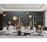 Papier Peint Moderne Minimaliste En Trois Dimensions, Motif De Silhouette De Ville Dorée, Scène De Nuit, Peinture Murale De Fond De Canapé TV, Salon, Restaurant, Chambre À Coucher, Salle D'étude,3D,2