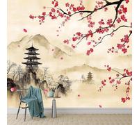Papier Peint Montagne 3D Auto Adhesif Panoramique Mural Fleurs de Cerisier Japonais Papier Peint en Soie Poster XXL Décoration Murale Salon Chambre 350x250 cm A-2078