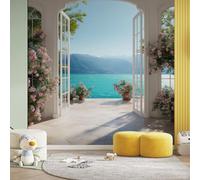 Papier Peint Montagne Lac, Fresque Murale Fleur Vue Depuis La Fenetre Ville Méditerranéenne, Papier Peint Panoramique Intissé - Décoration Murale Pour Salon Chambre Bureau - 200 x 140 cm(non adhésif)