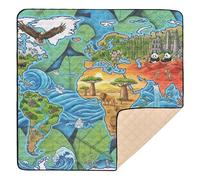 Papier peint motif carte du monde style graffiti avec éléments naturels - Grand tapis de jeu élégant pour l'intérieur et l'extérieur - Tapis d'éveil confortable pour bébé - 127 x 127 cm