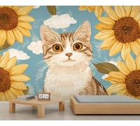 Papier peint motif chat de dessin animé, mignon, chaton, vintage, tournesol, floral, animal mural, papier peint pour chambre à coucher, salon, papier peint qui ne se décolle pas et ne colle pas, 450 x