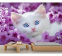 Papier peint motif chat floral - Grand papier peint Kawaii pour salon - 200 x 200 cm - Ne se décolle pas et ne colle pas