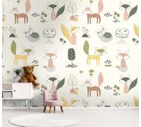 Papier Peint Motif Enfant Avec Renards Et Champignons - Coloré, Crème, Vert