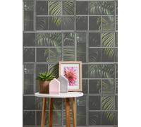 Papier Peint Motif Fenêtre, Look Industriel & Fougères - Gris, Vert, Noir